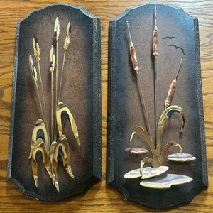 Vintage MCM Brutalist Metal Wall Art Set Cattails & Lily Pads Brass Copper